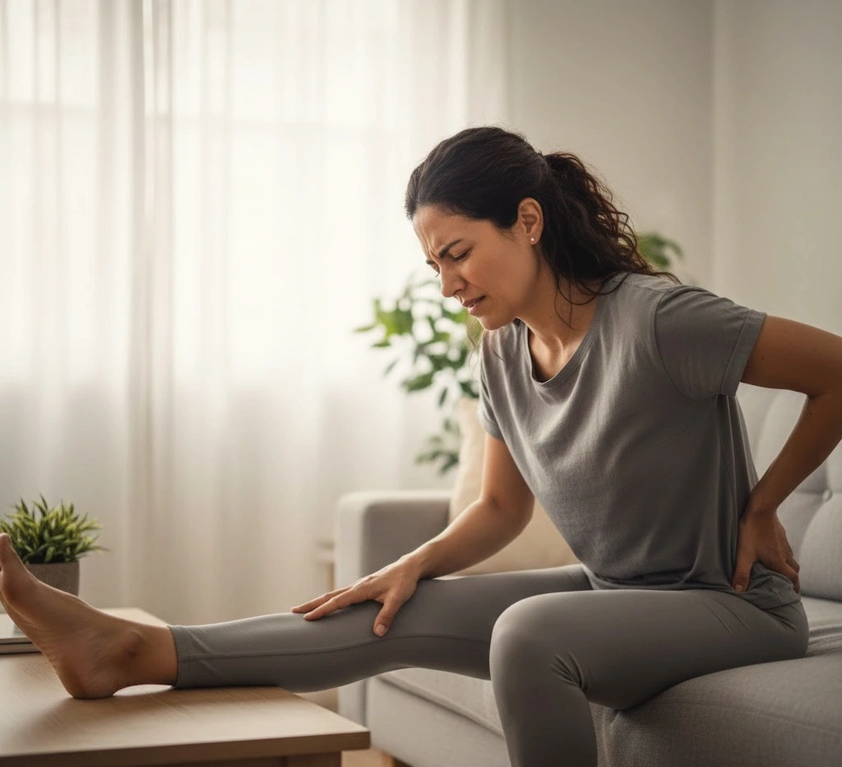 Woman experiencing sciatica pain, holding her lower back while stretching her leg on a sofa