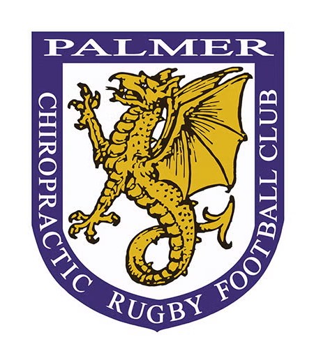 Logo for Palmer Chiropractic Rugby Football Club, a purple and white shield with a golden dragon and club name.