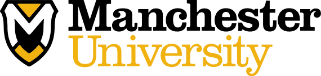 Manchester University logo with a shield emblem featuring a stylized 'M' in black and gold, and the words 'Manchester' in black and 'University' in gold.